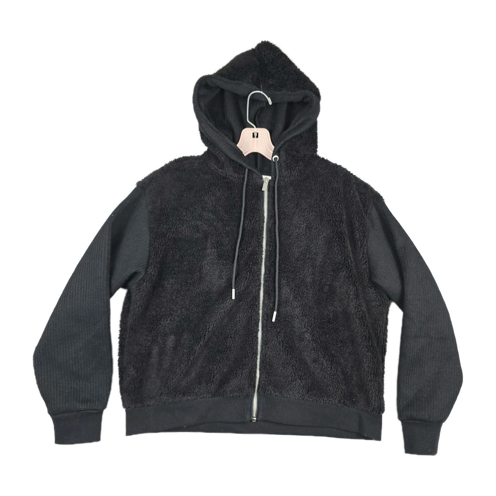 Workshop Republic Clothing Womens Black Faux Fur Ribbed Mixed Media Zip Hoodie M